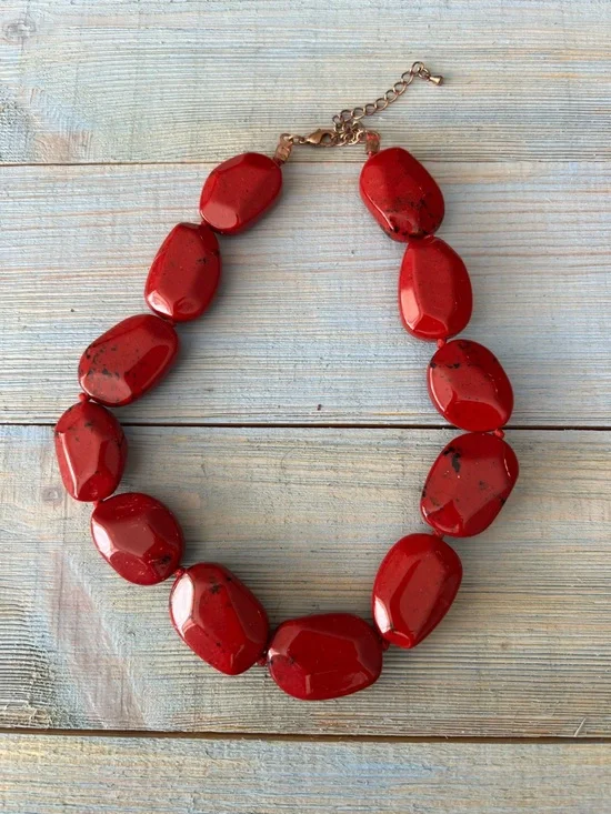 3pc Spring Necklace Set Red Choker, Green Seed Bead, Long Gold Multicolor Layers - Picture 2 of 13